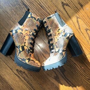 Steve Madden Tan and Black Snake Print Latched Heeled  Bootie